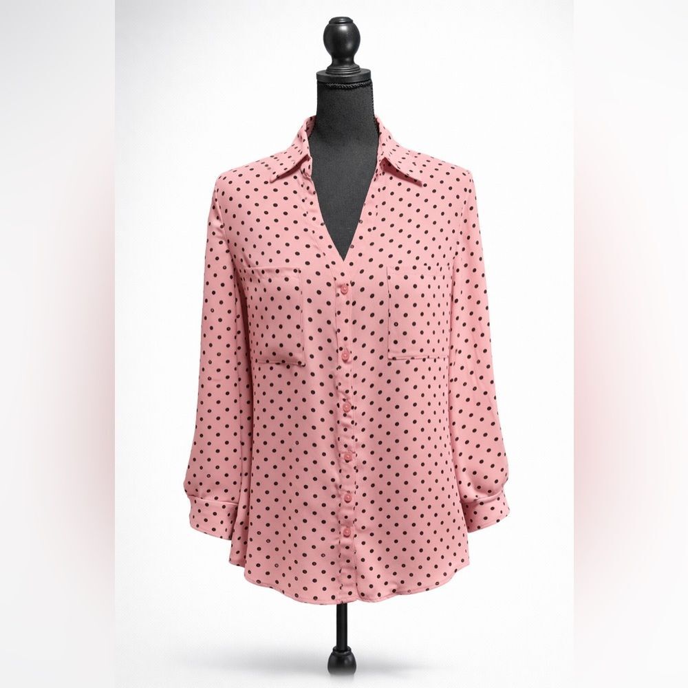 IZ Byer Pink Polka Dot Button Up Blouse Size Medium